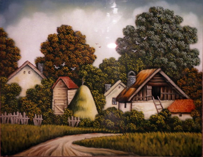 Plavi salaš - ulje na staklu - 45x37